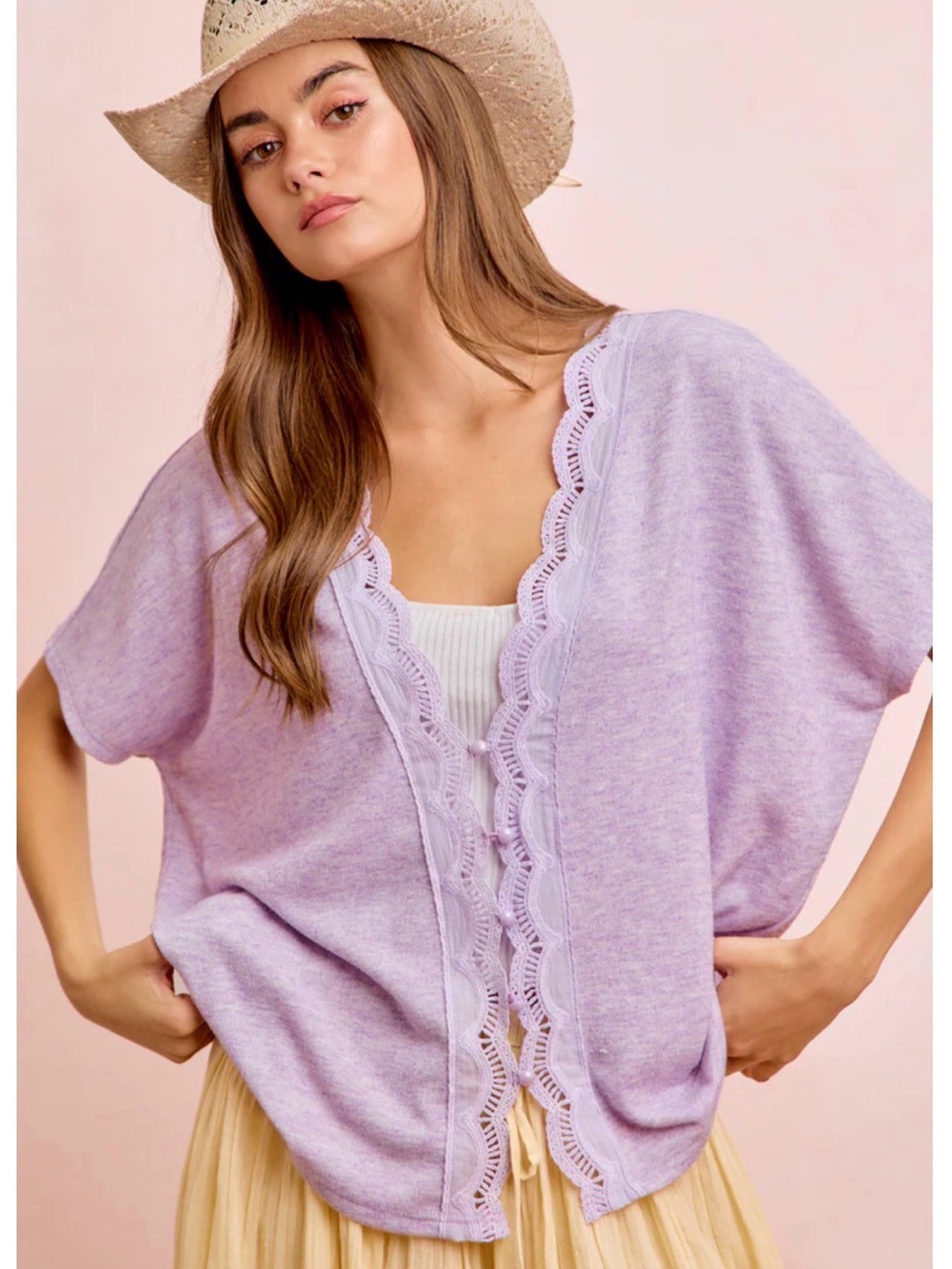 Bibi Lavender Crochet-Trim Open Cardigan